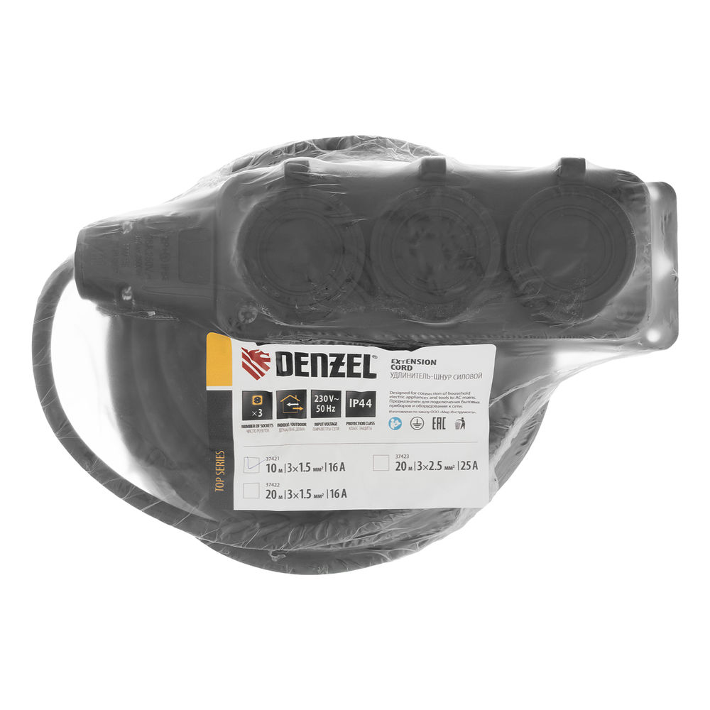 Удлинитель-шнур силовой Top Series, КГТТ, 10 м, 3 розетки, 3 x 1,5 мм Denzel (37421)