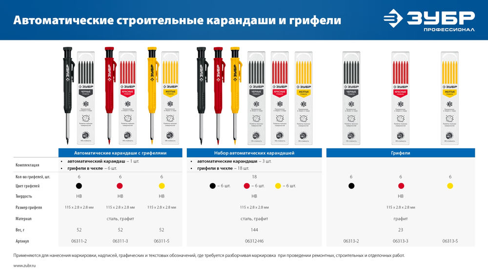 Грифели для автоматического карандаша красные, d 2.8 мм, HB, 6 шт ЗУБР 06313-3
