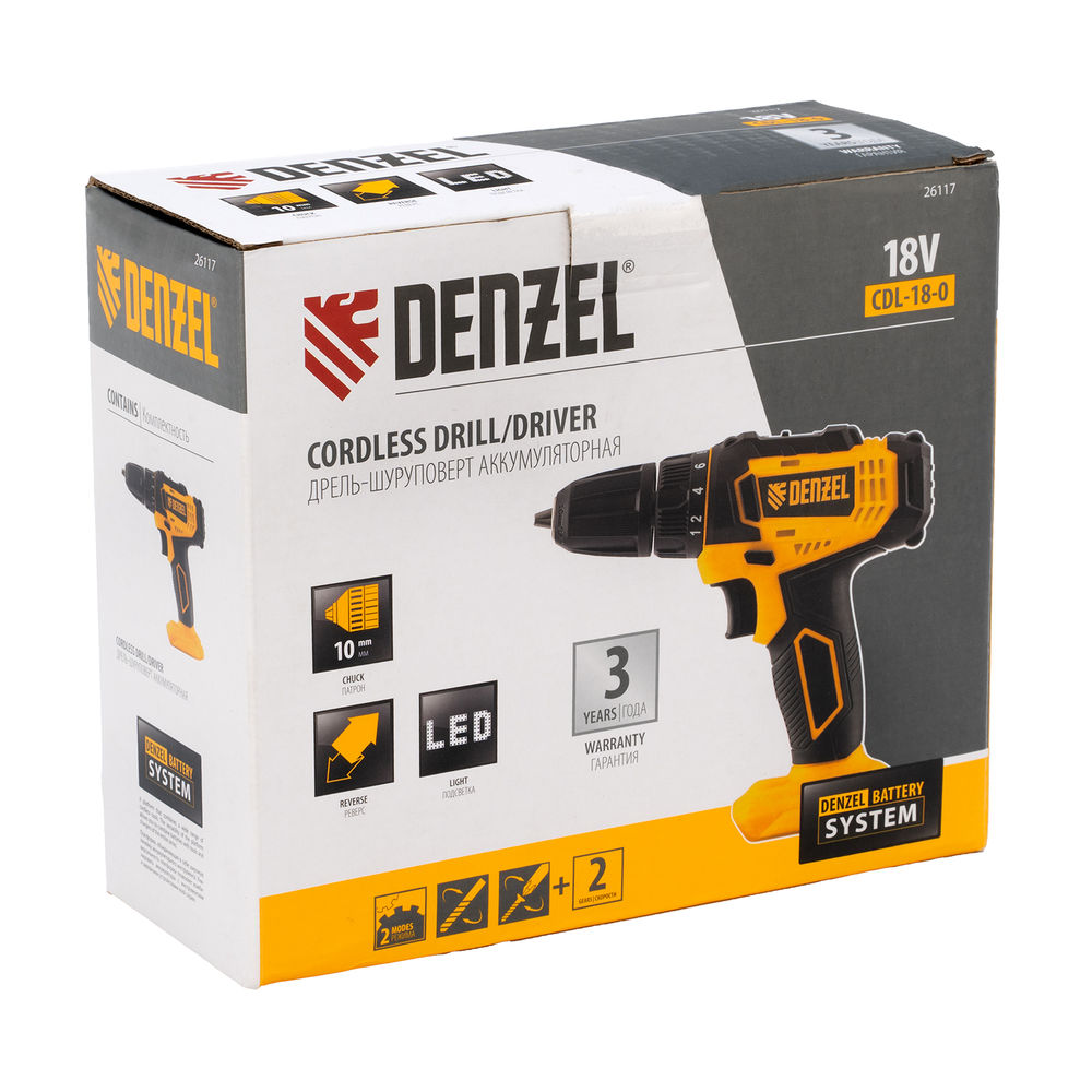 Дрель-шуруповерт аккумуляторная CDL-18-0, Li-Ion, 18 В Denzel (26117)