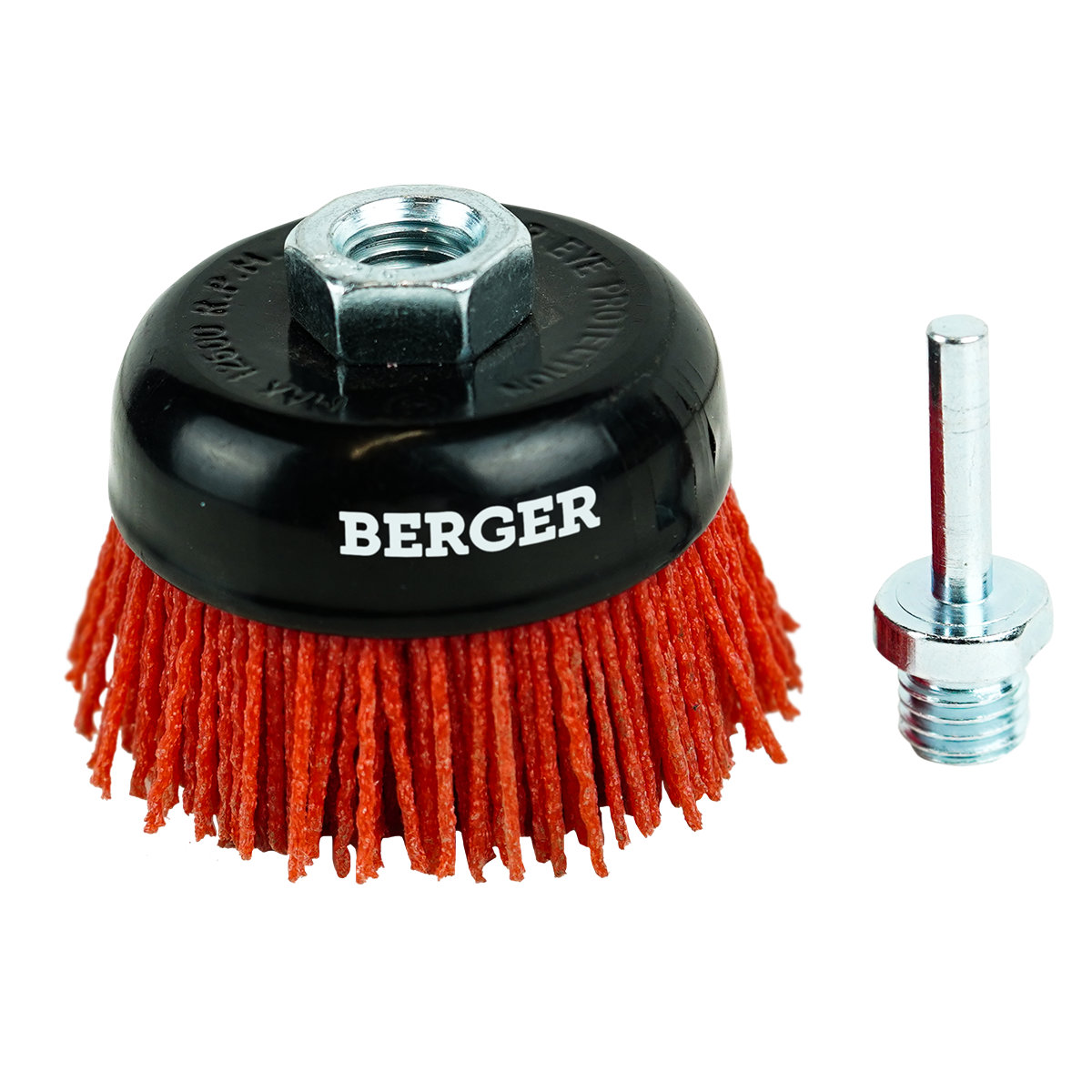 Кордщётка чашеобразная (абразивный нейлон 1.2 мм, P80, диаметр 75 мм, гайка М14 + хвостовик 6 мм) BERGER BG1746