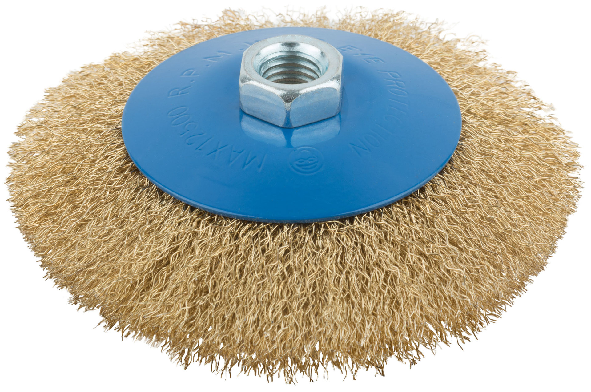 Корщетка, тип колесо с наклоном, гайка М14, стальная волнистая латунированная проволока 125 мм (38928М)