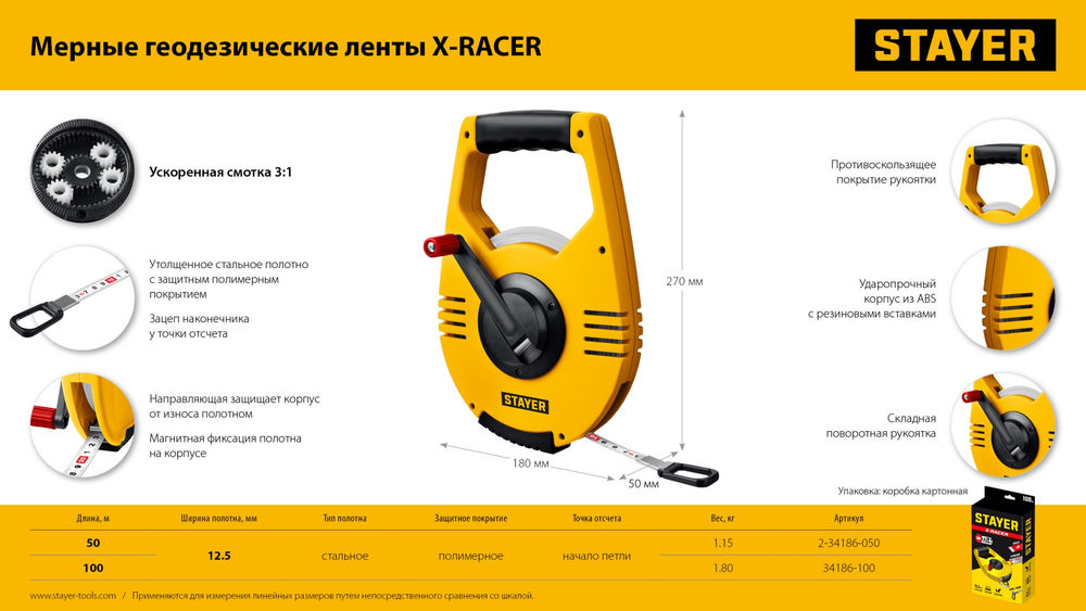 Лента мерная геодезическая стальная 100 м RACER STAYER 34186-100