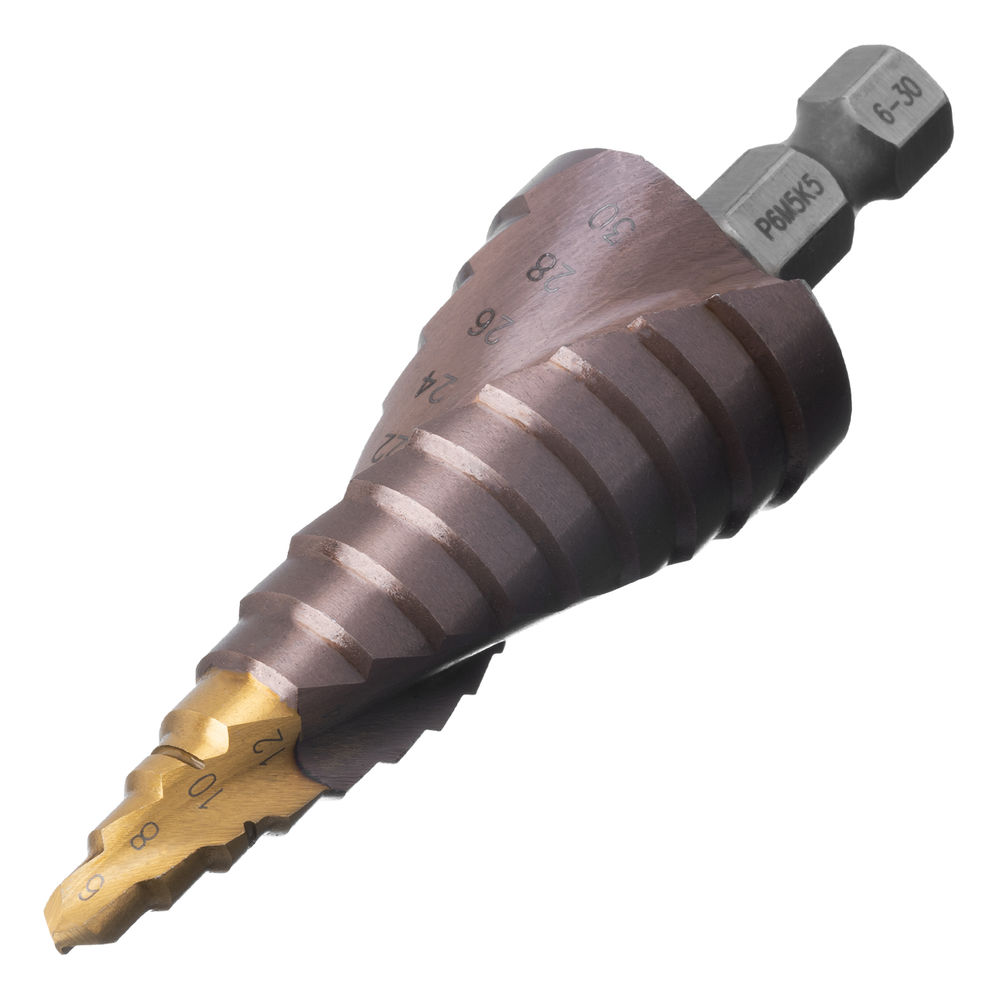 Сверло ступенчатое, 6-8-10-12-14-16-18-20-22-24-26-28-30мм, Р6М5К5, 6-гр. хвостовик Denzel (723614)