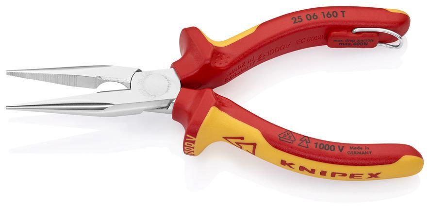 Длинногубцы с режущими кромками VDE, 160 мм, хром, 2-комп ручки, проушина для страховки, BK (KN-2506160TBK)