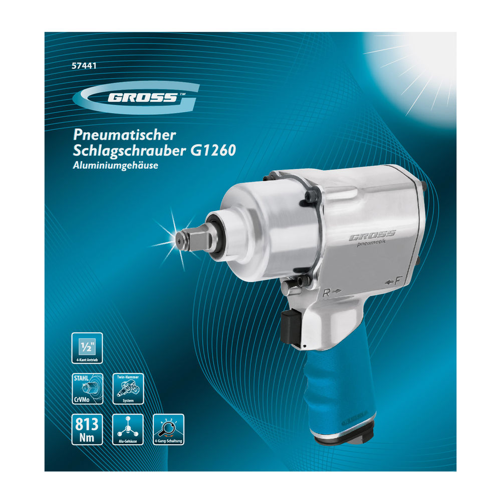 Гайковерт пневматический ударный G1260,1/2, Twin Hammer, 813Нм, 7000 об/мин Gross (57441)