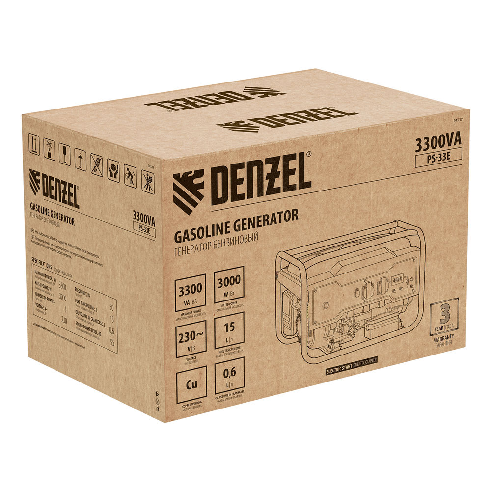 Генератор бензиновый PS-33E, 3.3 кВт, 230В, 15 л, электростартер Denzel (94537)