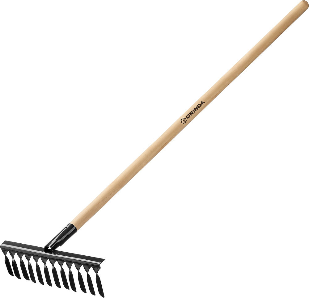 Садовые грабли GS-12 WOOD, 385 х 95 х 1300 мм, 12 витых зубцов, углеродистая сталь, антикор. покрытие, черенок дерев. высш. сорт GRINDA 39581-12