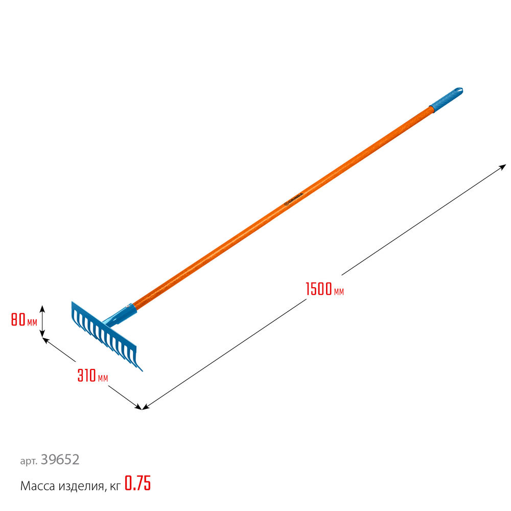 Садовые грабли PR-12S FIBER, 310 х 80 х 1500 мм, 12 прямых зубцов, углеродистая сталь, фиберglasовый черенок, PROLine GRINDA 39652