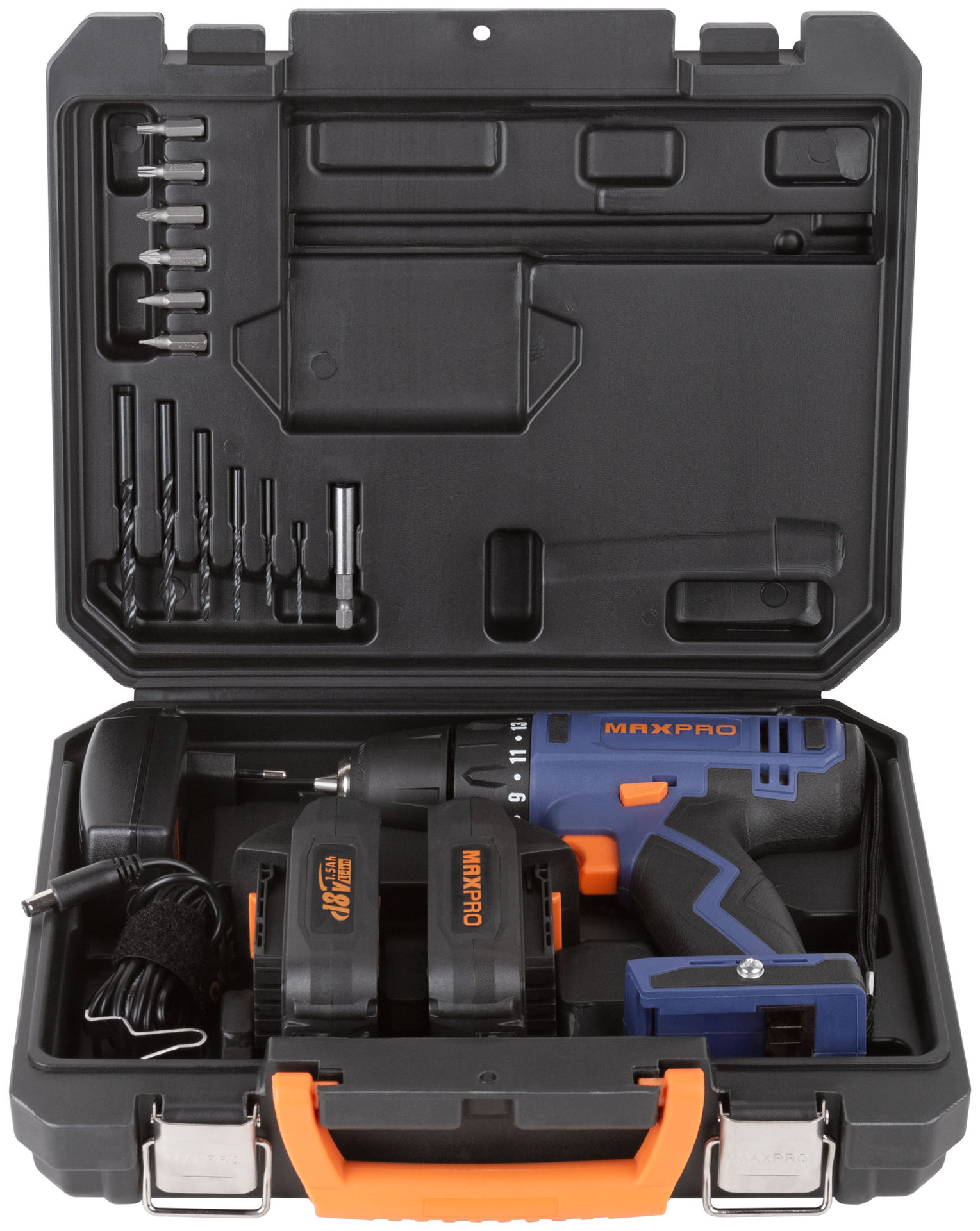 Дрель-Шуруповерт аккумуляторная 18 В; 0-350/0-1250 об/мин; 10 мм; 30 Нм; 2 батареи (Li-Ion) х1,5 Ач; 15+1; 1 ч.; регулировка оборотов MAX-PRO 85030