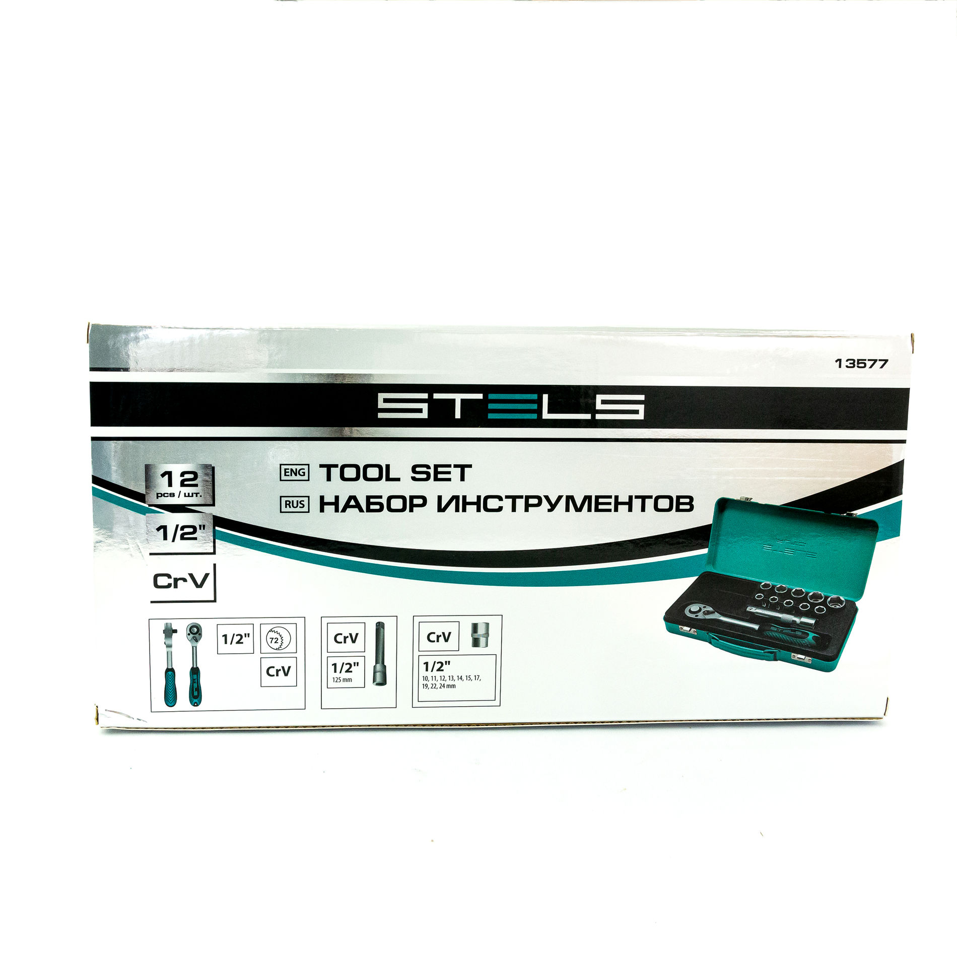 Набор торцевых головок, 1/2, головки 10 - 24 мм, с трещоточным ключом, 12 предметов Stels (13577)