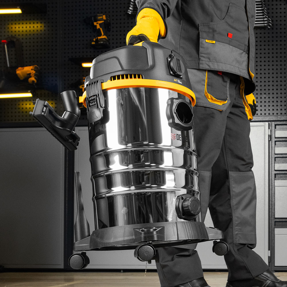 Пылесос строительный RVC30, 1400 Вт, бак 30 л, шланг 3 м, розетка с автосинхр. Denzel (28203)