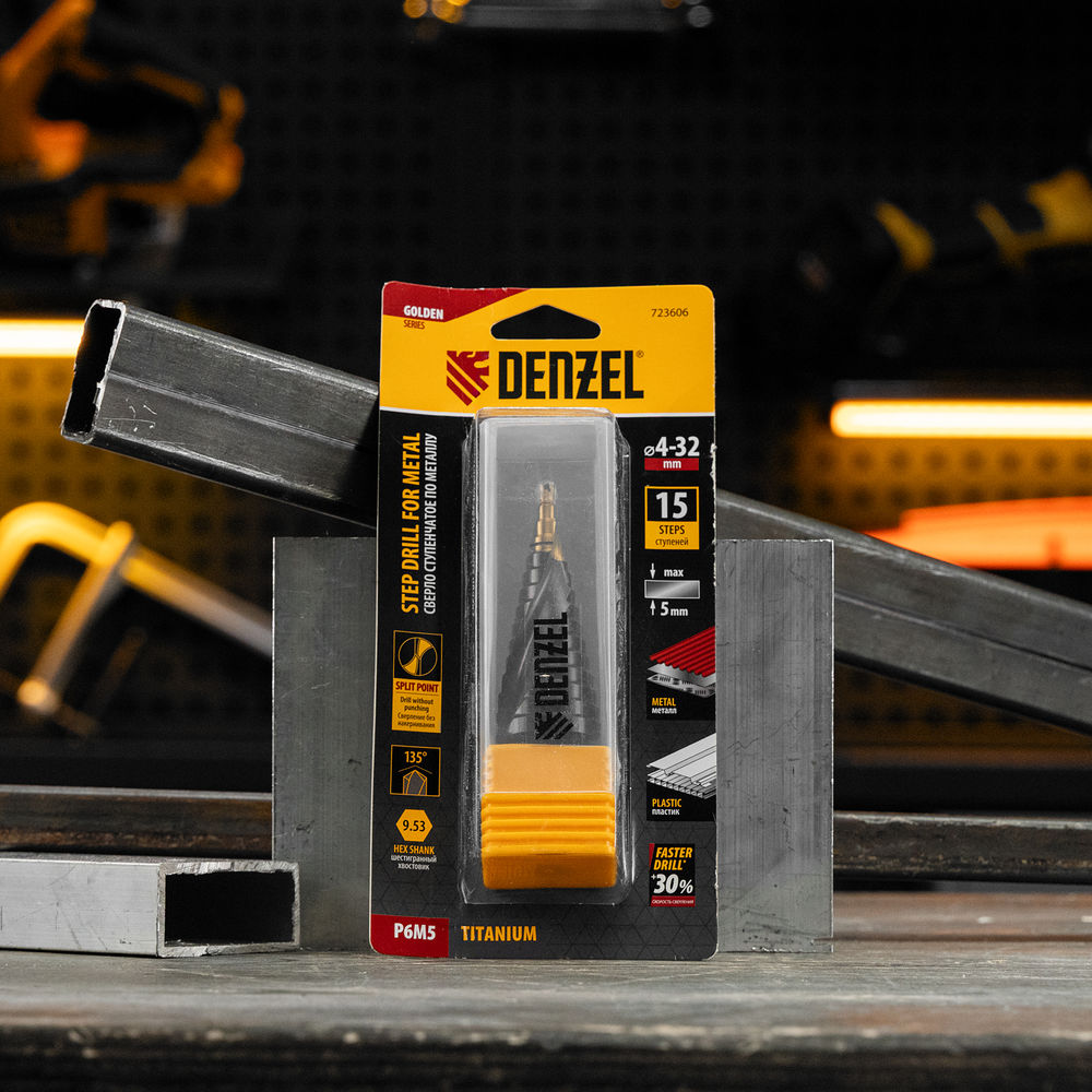 Сверло ступенчатое, 4-6-8-10-12-14-16-18-20-22-24-26-28-30-32 мм, Р6М5, 6-гр. хвостовик Denzel (723606)