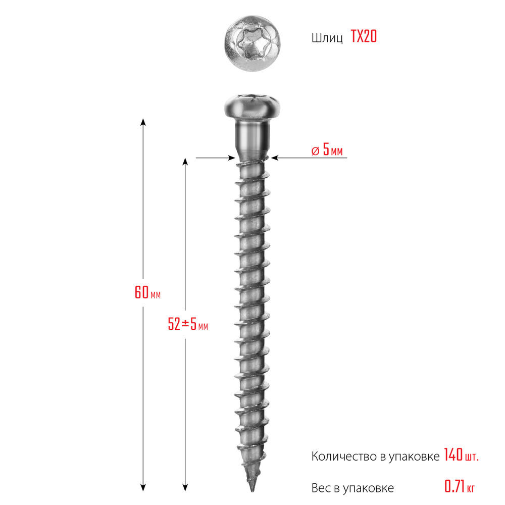 Саморез для перфорированного крепежа 60 х 5 мм, TX20, цинк, 140 шт Профессионал СПК ЗУБР 30061-50-60