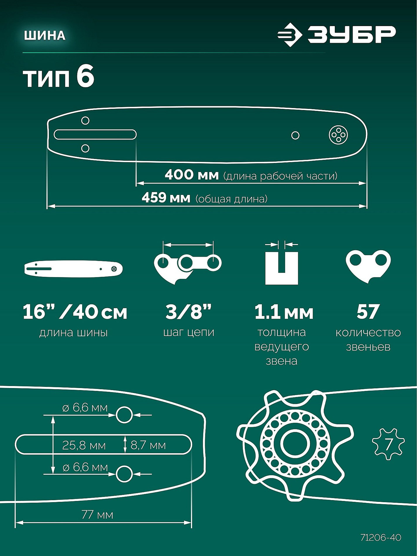 ЗУБР тип 6, 40 см, шаг 3/8?, паз 1.1 мм, 57 звеньев, шина (71206-40)