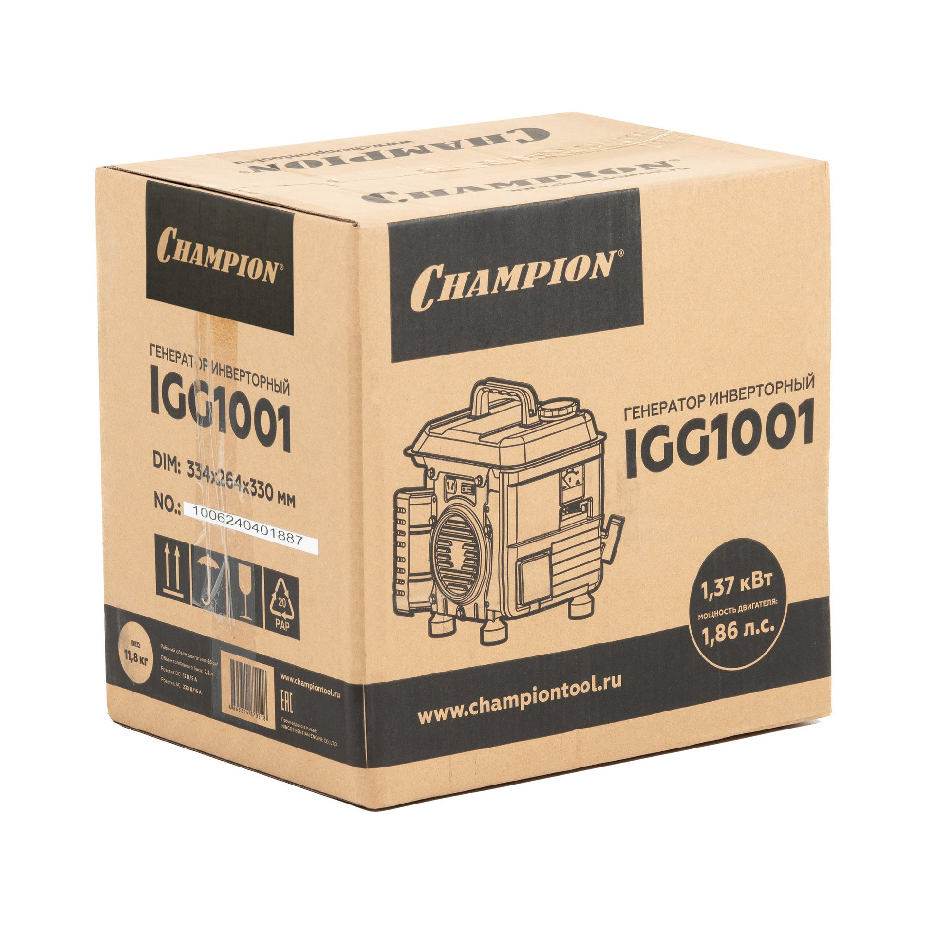Генератор CHAMPION IGG1001 (1/1,1кВт 1,86лс 2Т 2,2л 12В 11,8кг) (IGG1001)