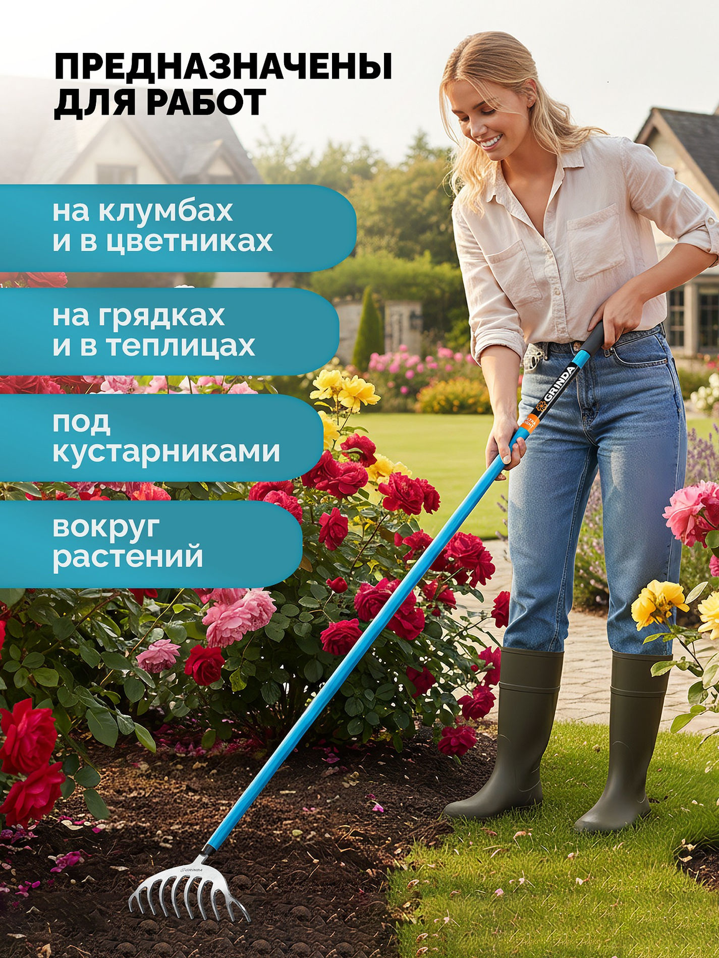 GRINDA SR-10 грабли цветочные, 250х70х1550 мм, 10 зубьев, алюминиевый черенок, PROLine (39483-10)