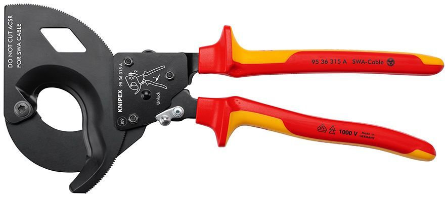Кабелерез c трещоткой VDE, для кабелей со стальным армированием, SWA O 45 мм (380 мм?/MCM 750), длина 315 мм (KN-9536315A)