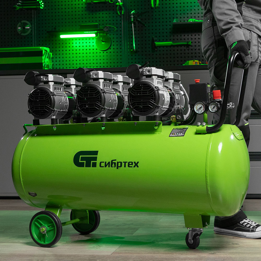 Компрессор безмаслянный малошумный МБ 2250/100, 2250 Вт, 100л, 400 л/мин Сибртех (58008)