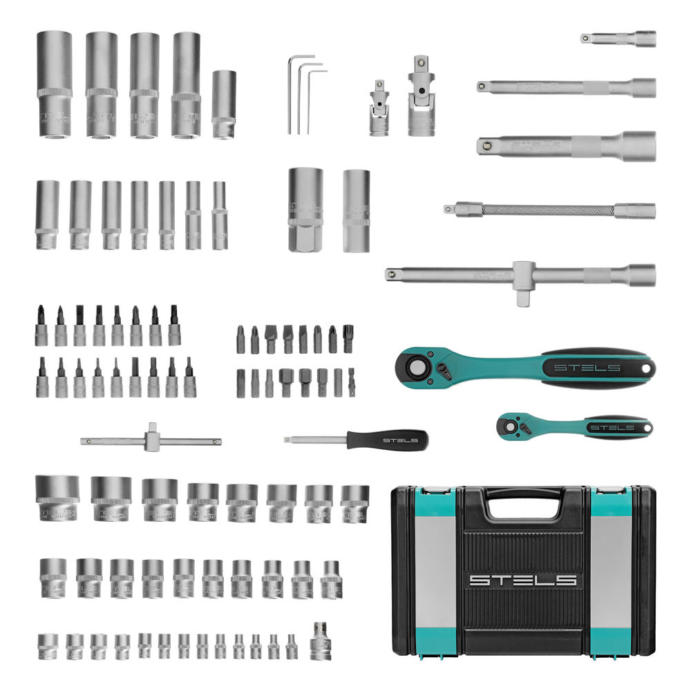 Набор инструментов 1/2, 1/4, CrV, 12 гранные головки, пластиковый кейс, 94 предмета Stels