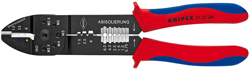 Пресс-клещи 0.5-6.0 мм? 3 гнезда изол. кабельные наконечники и соединители неизол. открытые штекеры 6.3 мм 0.5-2.5 мм? 240 мм KN-9722240