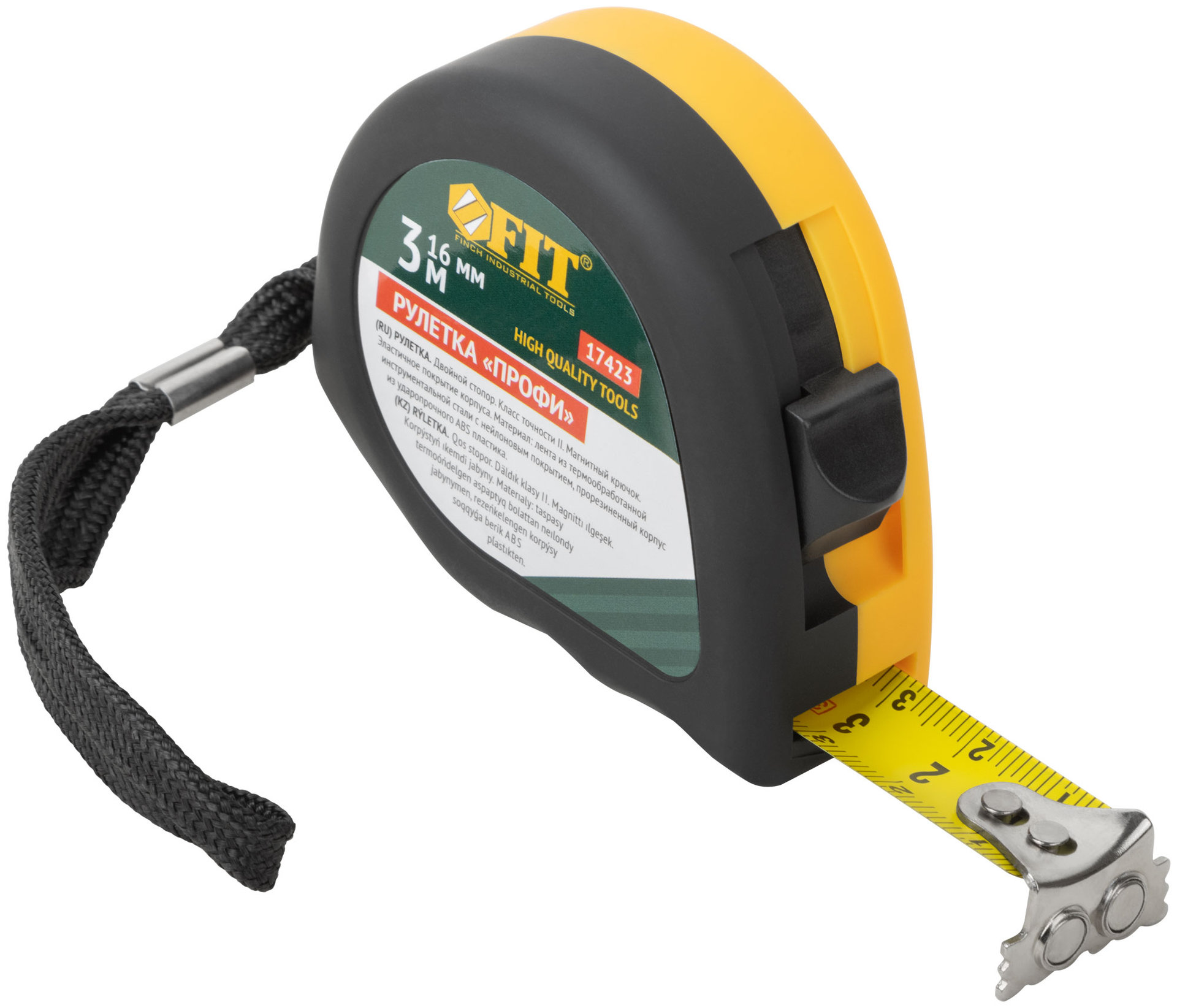 Рулетка Профи, калибр.лента, нейлон.покр., магн.крючок, эласт.корпус черн-желт., двойн.стопор 3 м х 16 мм