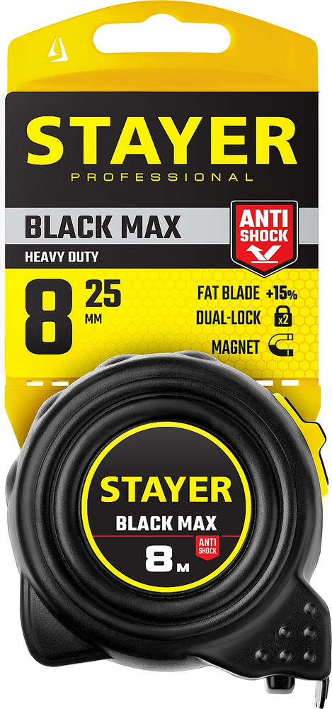 Рулетка с двумя фиксаторами BlackMax 8 м х 25 мм Professional STAYER 3410-08