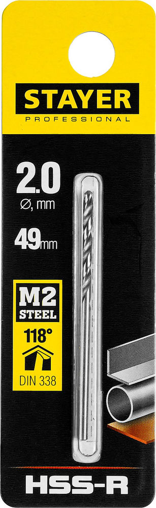 Сверло по металлу быстрорежущая сталь P6M5 Professional HSS-R STAYER 2.0x49 мм 29602-2  