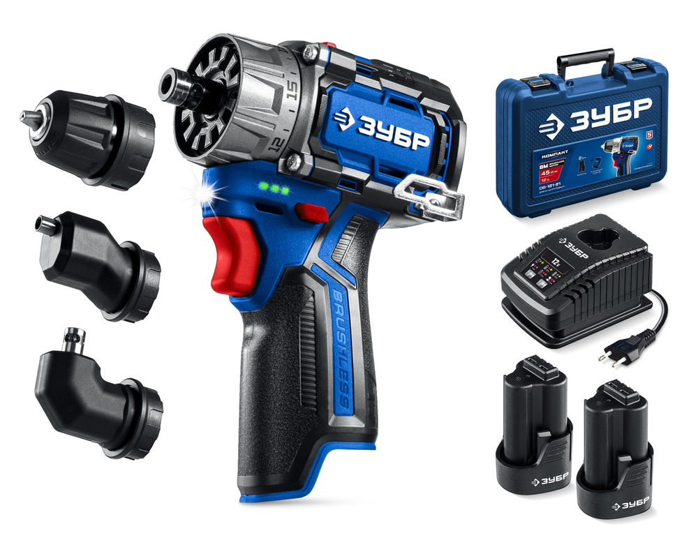 Модульная дрель-шуруповерт 12 В 45 Н·м 2 АКБ тип Т7 2 А·ч BRUSHLESS кейс Профессионал ЗУБР КОМБИ #3 DB-125-22