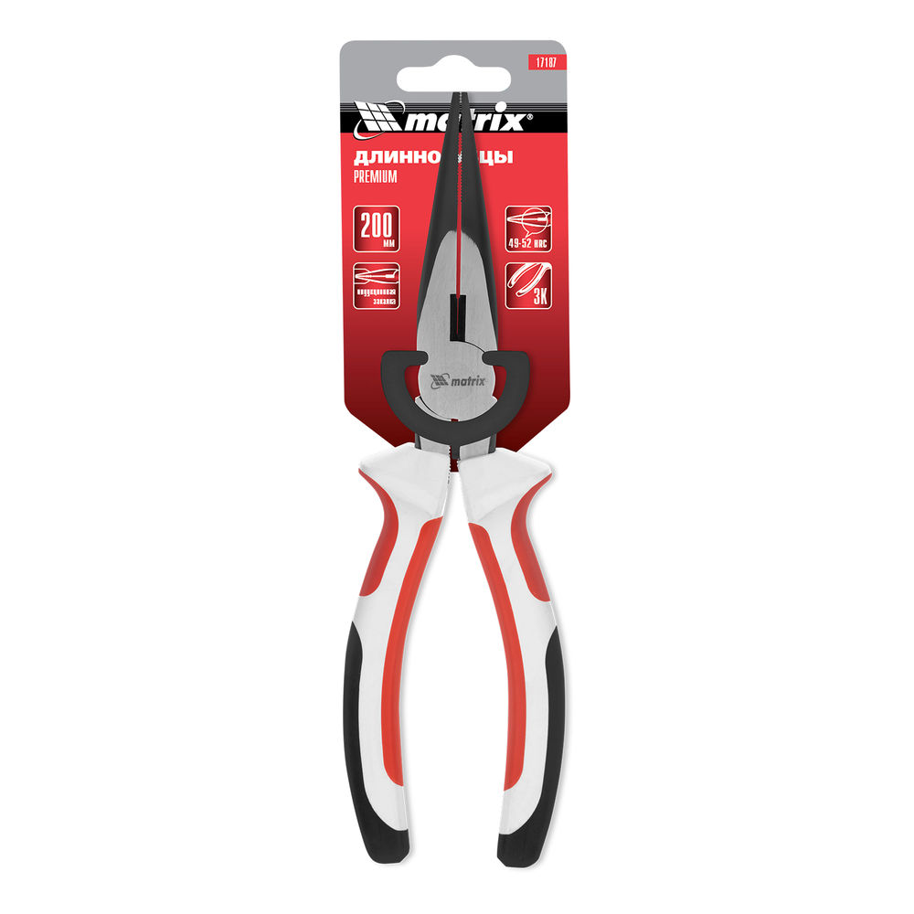 Длинногубцы прямые Premium, 200 мм, трехкомпонентные рукоятки Matrix (17187)