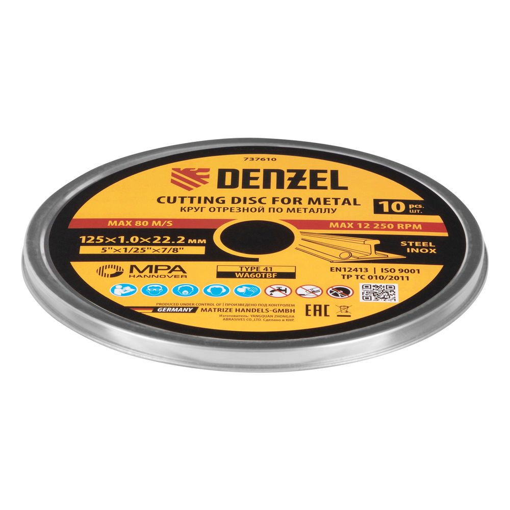 Круг отрезной по металлу, 125 х 1,0 х 22,2 мм, WA60TBF, в метал.банке, 10 шт. Denzel (737610)