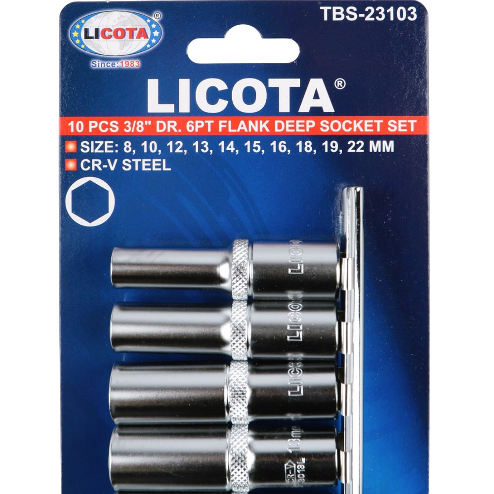 Набор глубоких торцевых головок 6-ти гранных 10 пр. на линейке, 8-22 мм 3/8 Licota TBS-23103