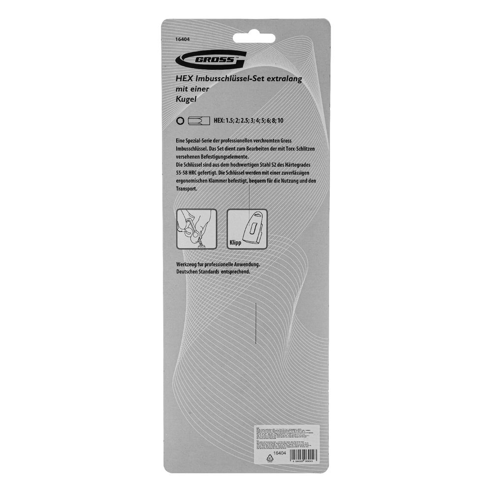 Набор ключей имбусовых HEX, 1.5-10 мм, S2, 9 шт, экстра-длинные с шаром, сатинированные Gross