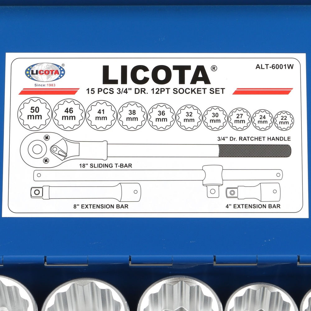 Набор торцевых головок 12-ти гранных, 15 пр., 22-50 мм 3/4 Licota ALT-6001W