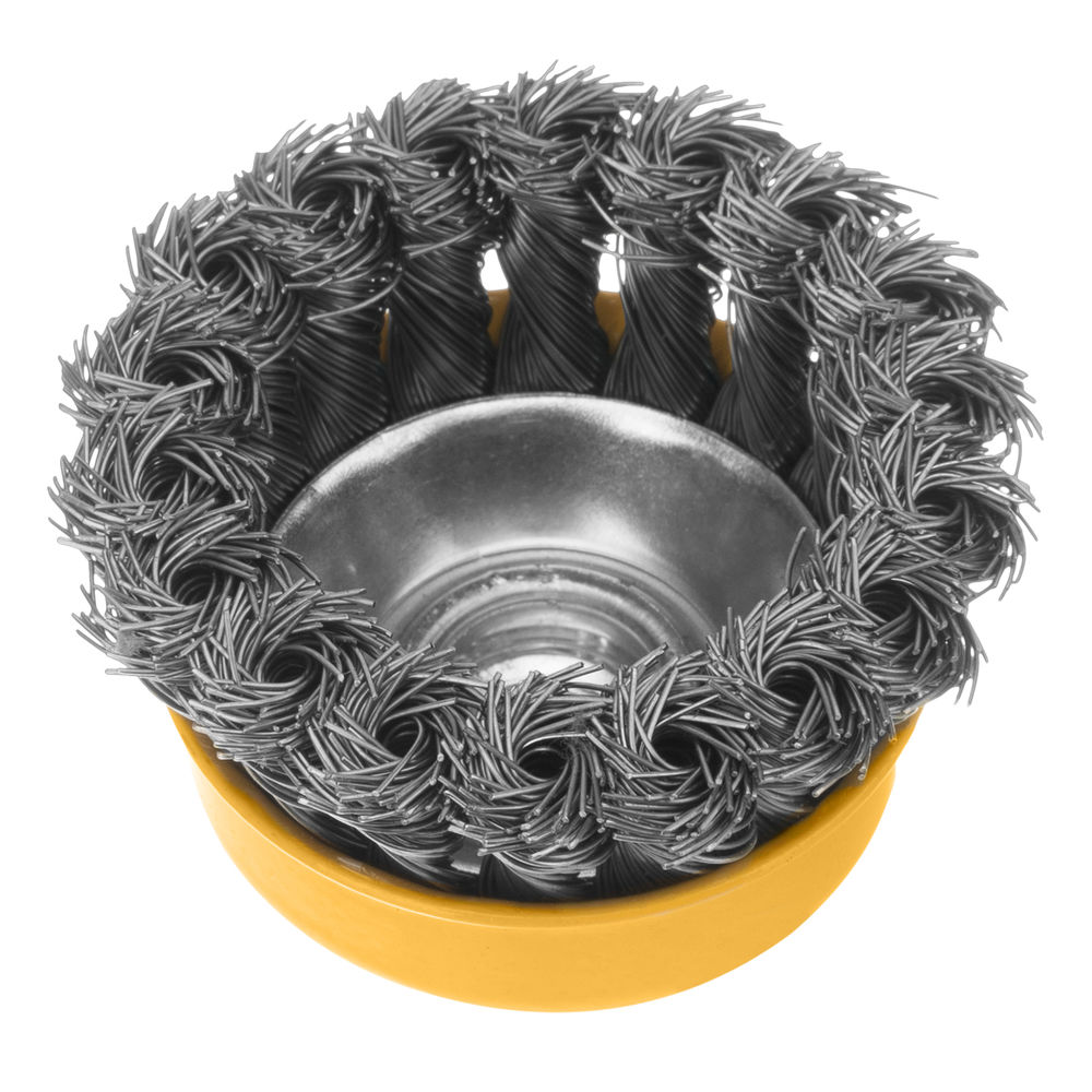 Щетка для УШМ, 75 мм, Чашка, крученая нержавеющая проволока 0.5 мм, М14 Denzel (746243)