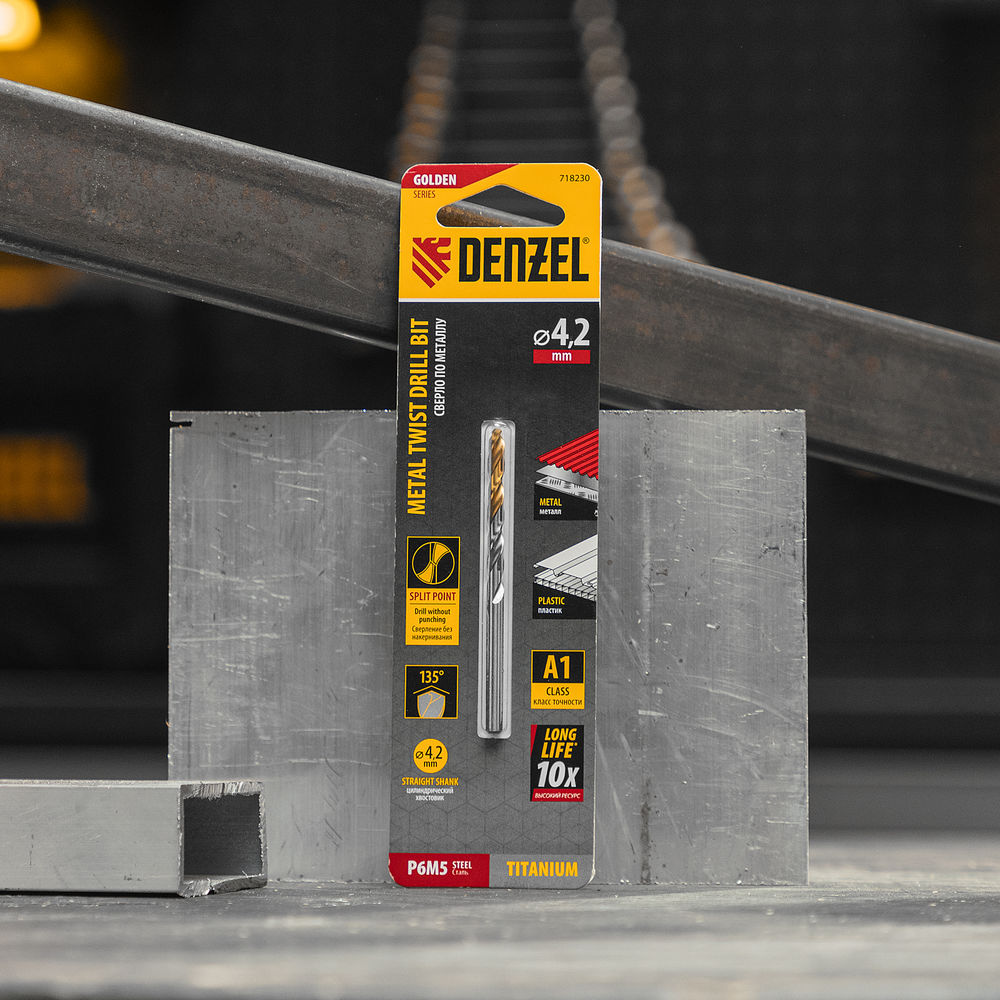 Сверло спиральное по металлу 4,2 x 75 мм, Р6М5, Golden Tip Denzel (718230)