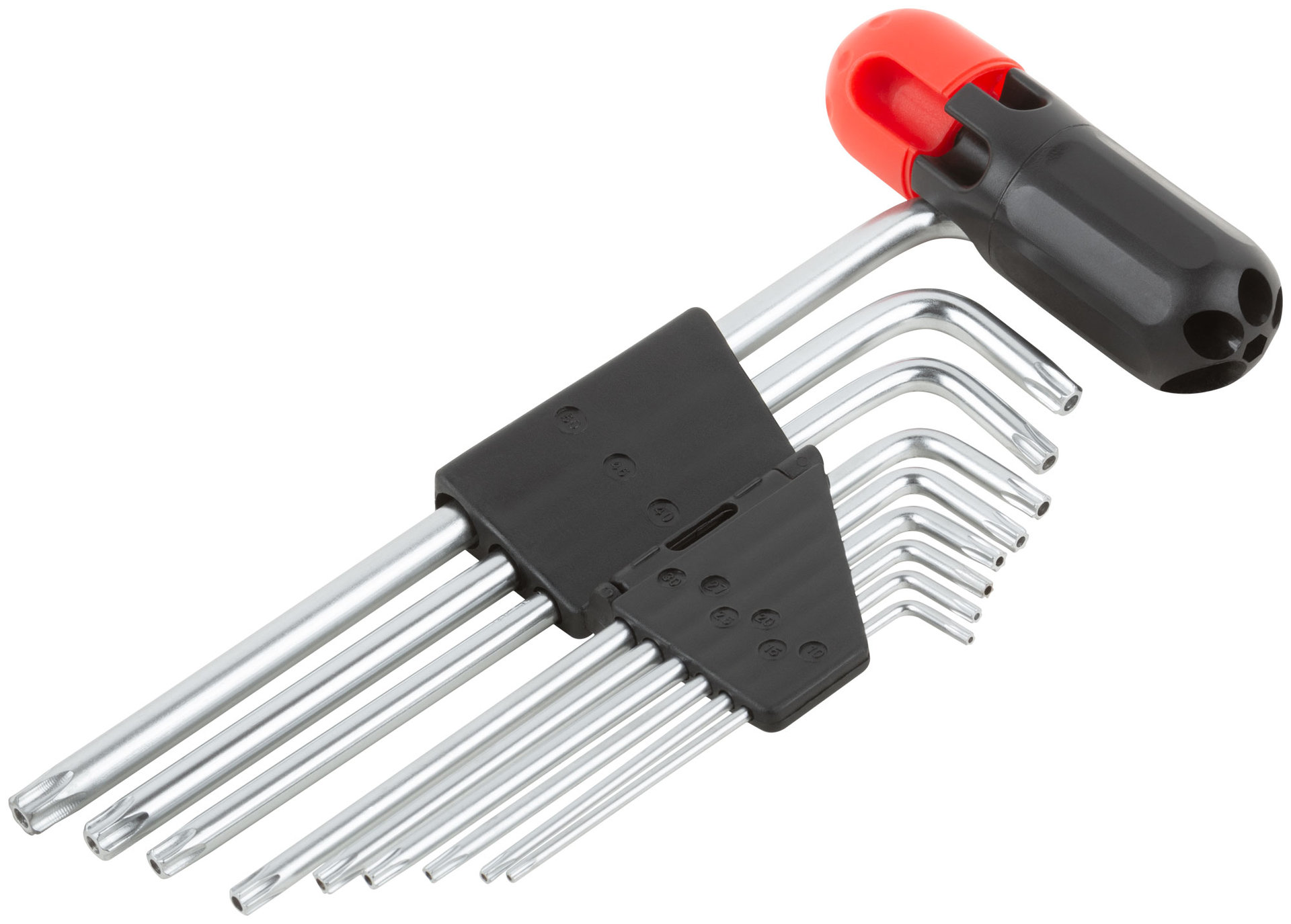 Ключи TORX 9 шт. CrV Т10-Т50, с отверстием, длинные, с пласт.Т-обр.ручкой, Профи