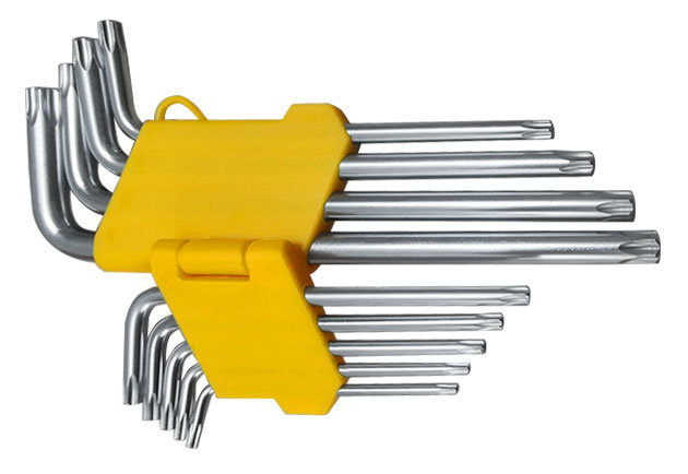 Ключи звездочки, CrV сталь, 9 шт., Т10-Т50, с отверстием, длинные, в пластиковом держателе