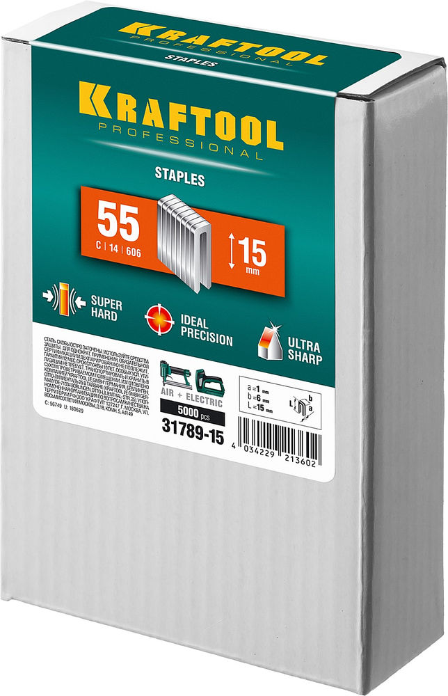 Скобы тип 55 (90/C), 15 мм, калибр 18GA, 5000 шт KRAFTOOL 31789-15