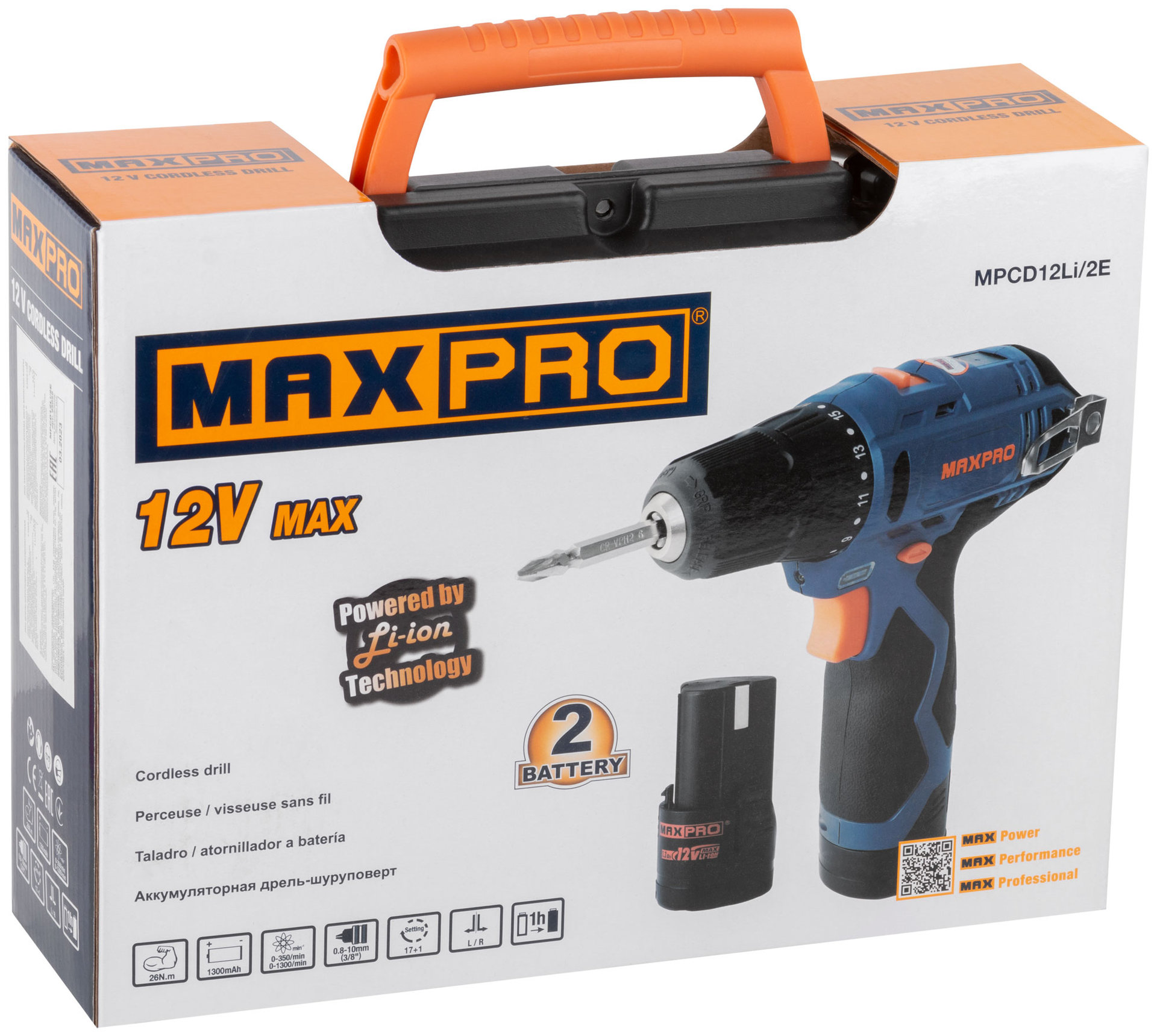 Дрель-Шуруповерт аккумуляторная 12 В; 0-350/0-1300 об/мин; 10 мм; 26 Нм; 2 батареи (Li-Ion) х1,3 Ач; 17+1; 1 ч.; регулировка оборотов MAX-PRO 85026