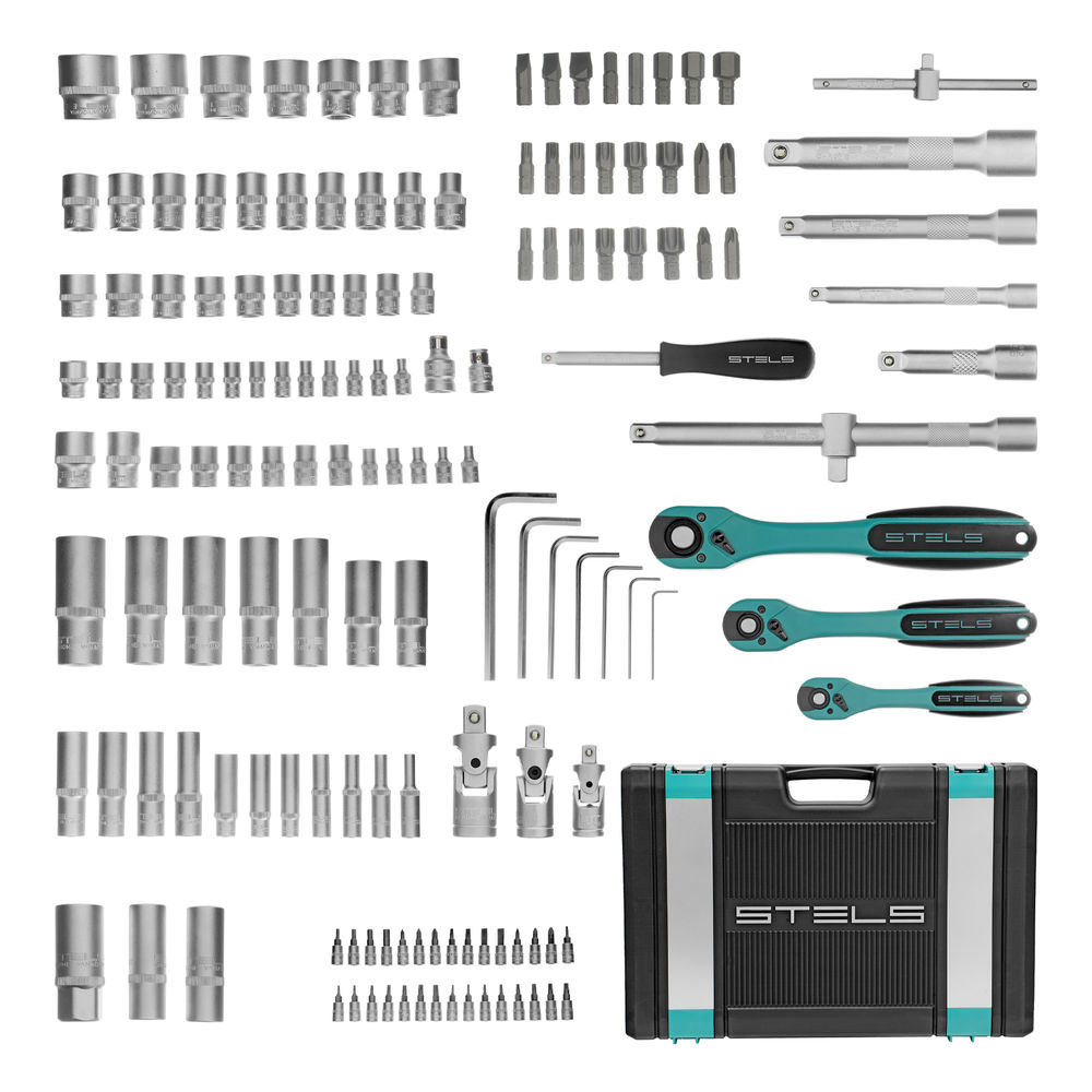 Набор инструментов, 1/4, 3/8, 1/2, Cr-V, S2, усиленный кейс, 151 предмет Stels