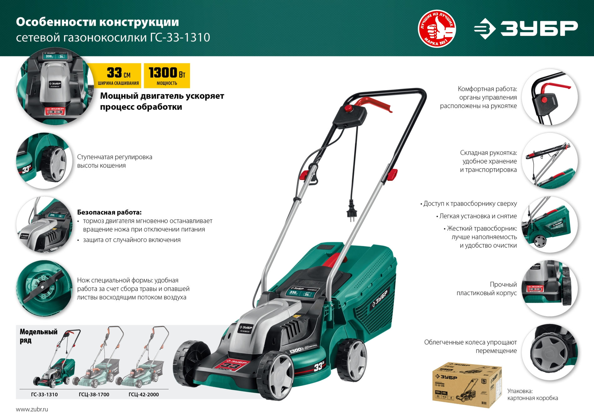 ЗУБР 1300 Вт, ш/с 33 см, сетевая газонокосилка (ГС-33-1310)
