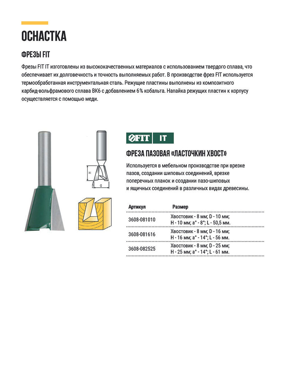 Фреза пазовая Ласточкин хвост DxHxL=25х25х61 мм (3608-082525)