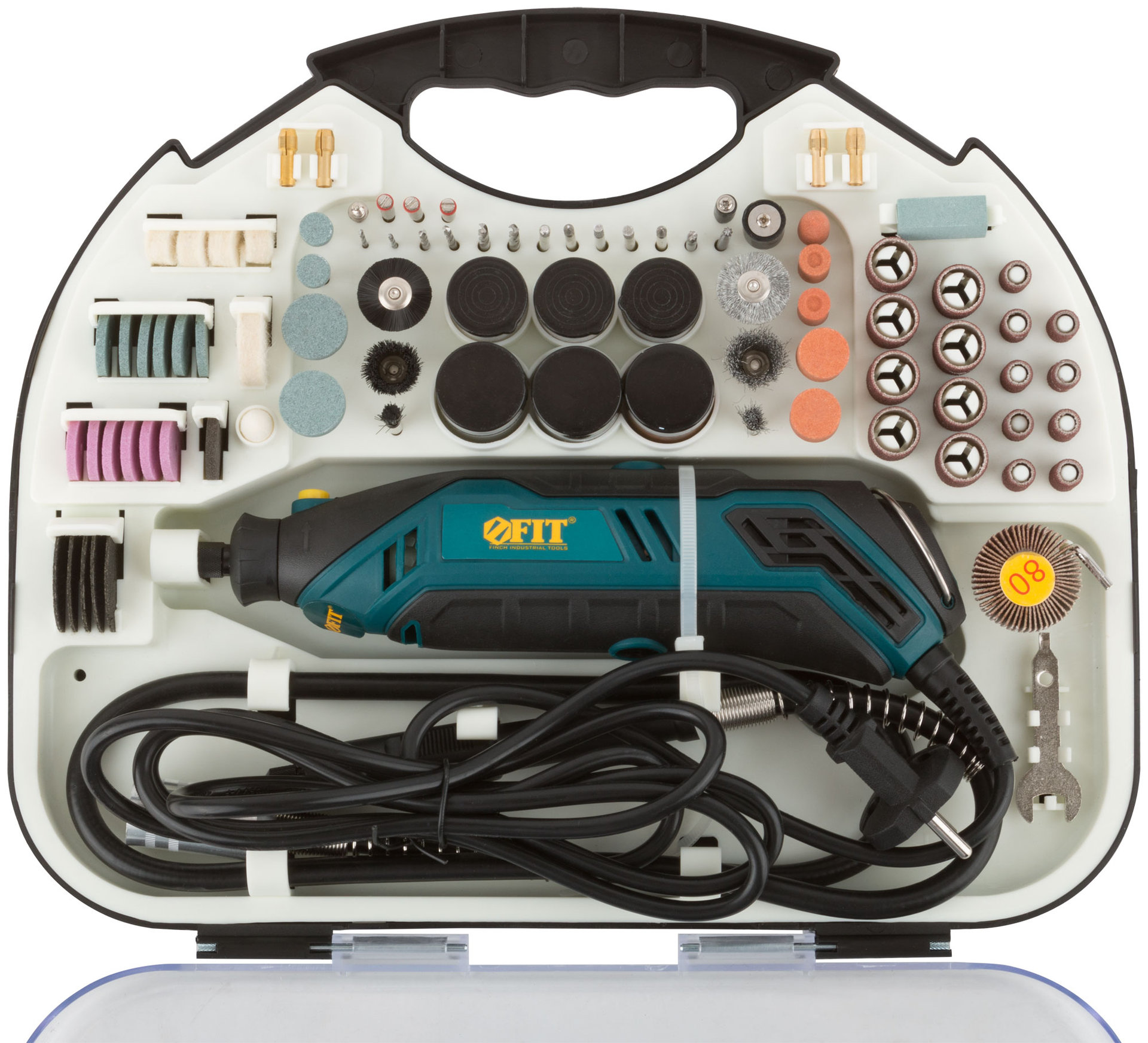 Гравировальная машина 130 Вт; 10000-35000 об/мин; 2,4/3,2 мм; БС щеток; набор насадок 210 шт.; кейс (80598)