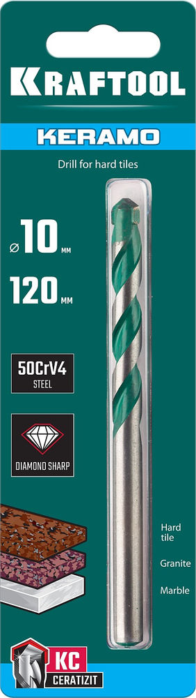 Сверло по керамограниту Keramo, 10 х 120 мм, тв.сплав КС KRAFTOOL 29175-120-10