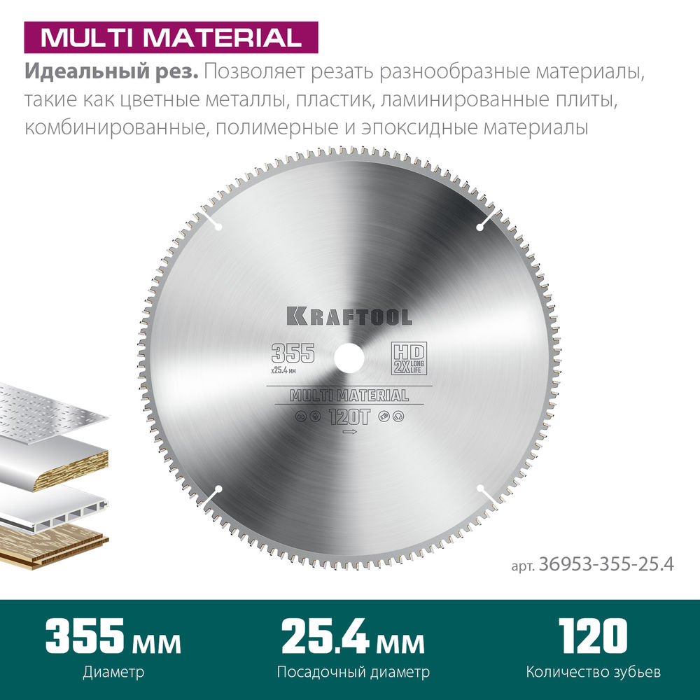 Пильный диск по алюминию Multi Material, 355 х 25.4 мм, 120Т KRAFTOOL 36953-355-25.4
