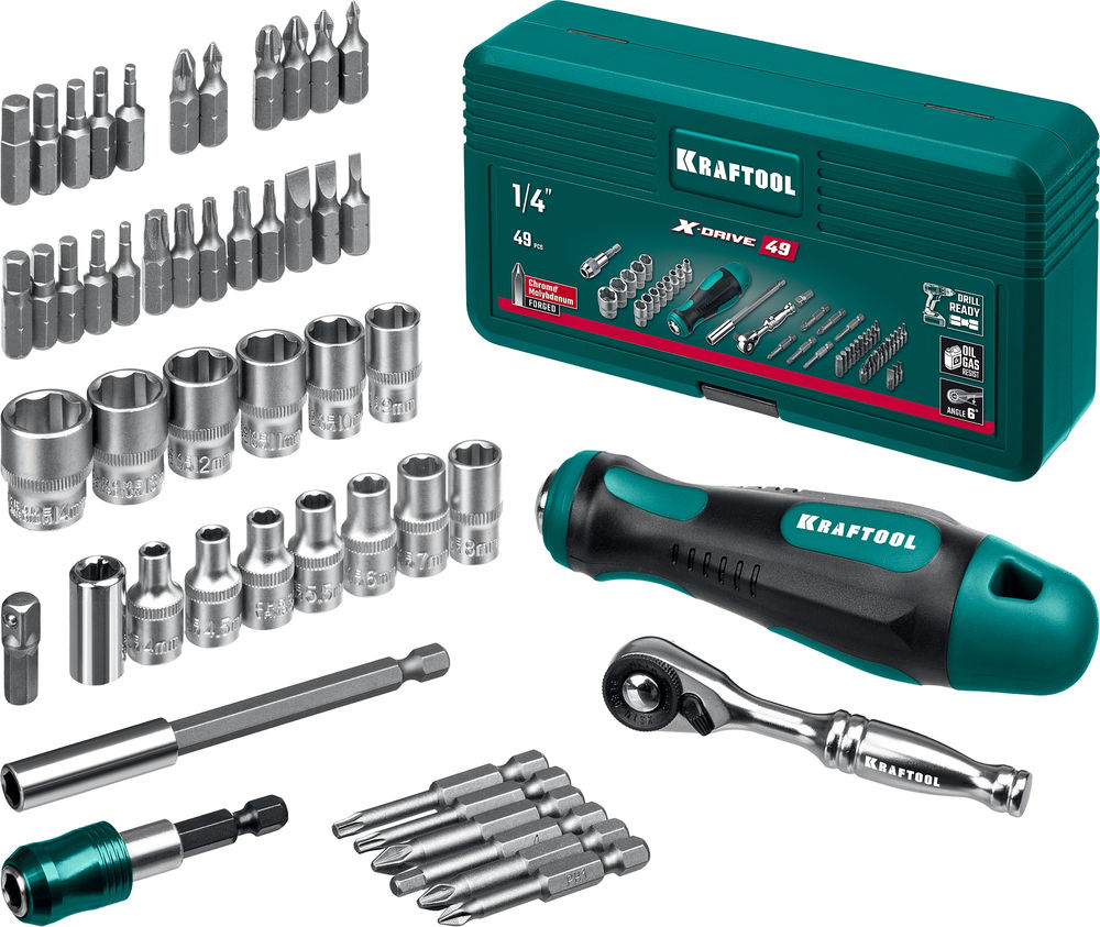 Набор бит и головок с битодержателем и трещоткой X-Drive-49, 49 шт KRAFTOOL 25816