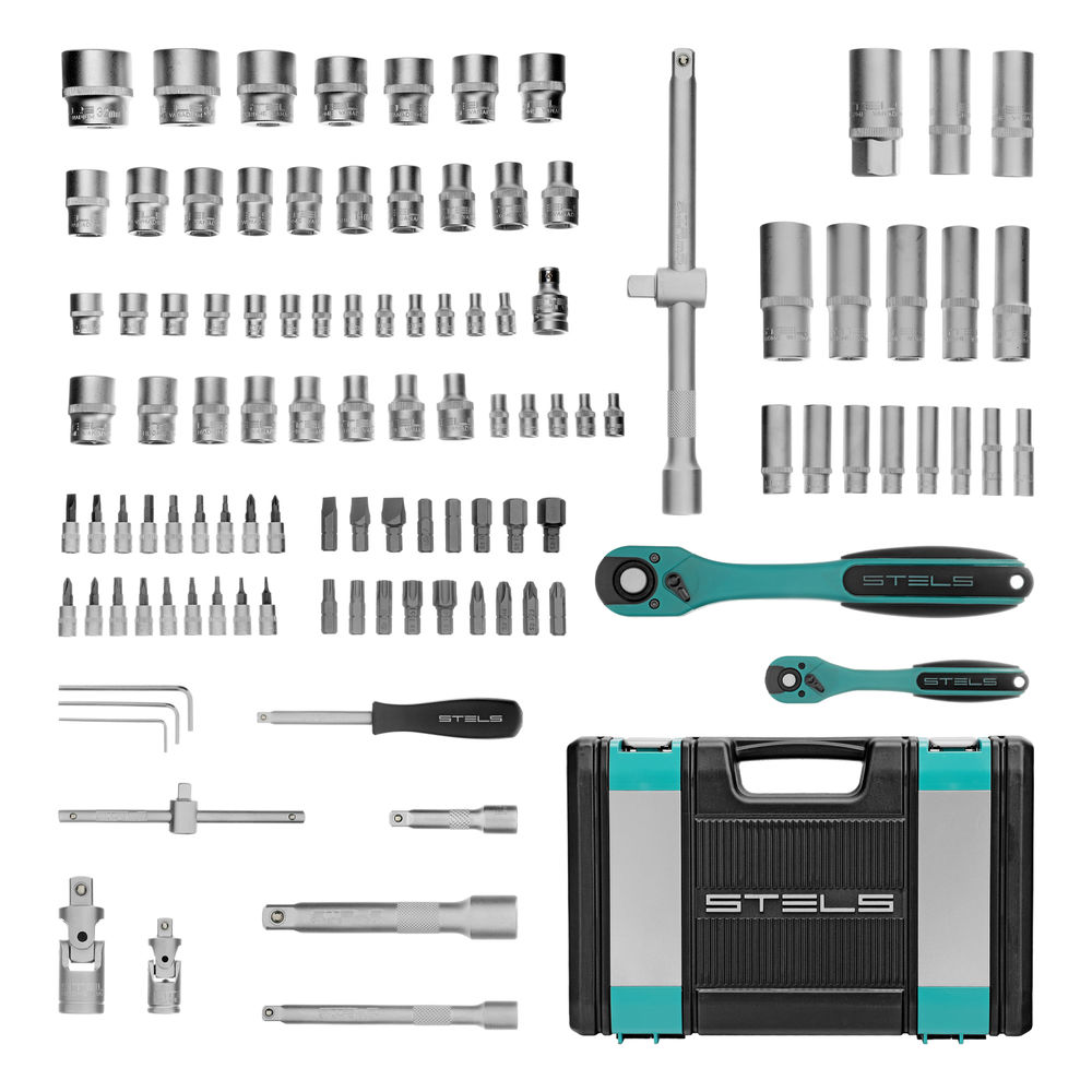 Набор инструментов 1/2, 1/4, CrV, 12 гранные головки, пластиковый кейс, 109 предмета Stels