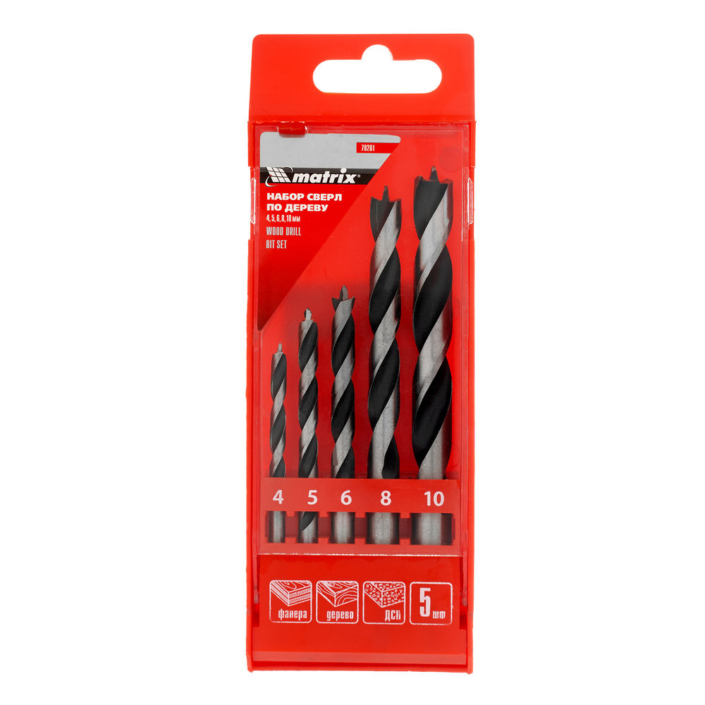 Набор сверл по дереву, 4-5-6-8-10 мм, 5 шт, цилиндрический хвостовиковик, пластиковый кейс, Matrix (70281)