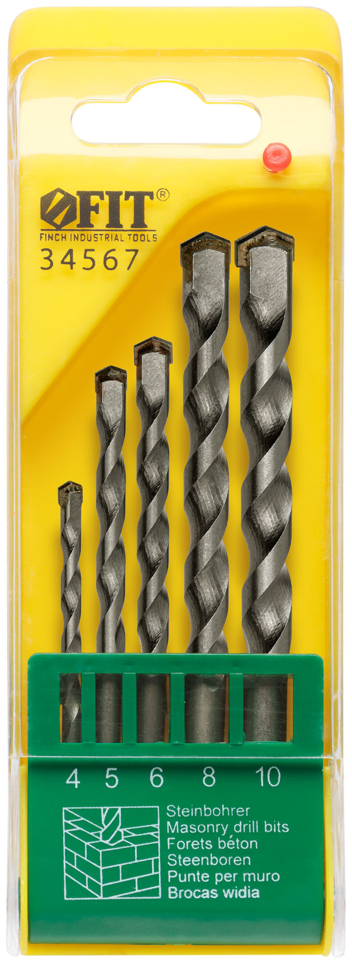 Набор сверл победитовых ударных, цилиндрический хвостовик, 5 шт. (4-5-6-8-10 мм) (34567)