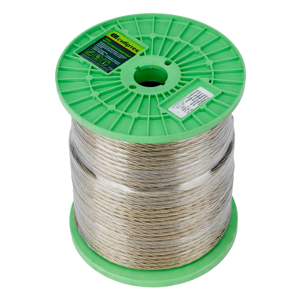 Трос металлополимерный прозрачный ПР-6.0, толщина 6.0 мм, катушка 150 метров Сибртех (47640)